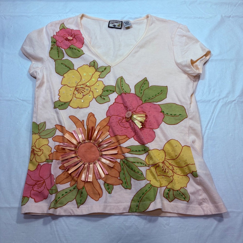 Caribbean Joe Peach Floral V-Neck Tee with 3D Ribbon and Sequin Accents Small